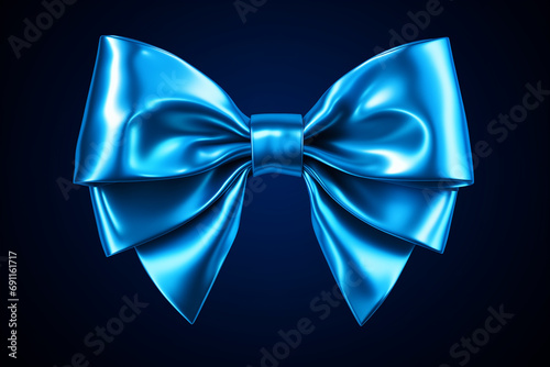 neon foil bow decoration holiday, blue color metallic, isolated on black background