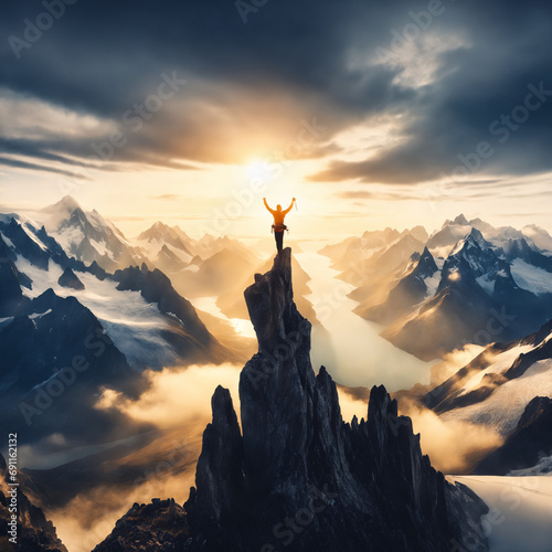 A lone climber reaching the summit of a towering mountain  arms raised in triumph against a backdrop of breathtaking vistas