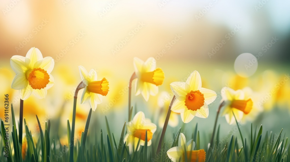 A bright and cheerful image of yellow daffodils with a blurred background of green grass A bright and cheerful image of yellow daffodils with a blurred background of green grass