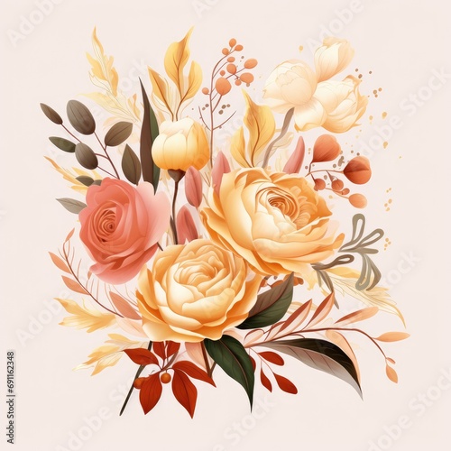 a bouquet of flowers, greens and leaves,