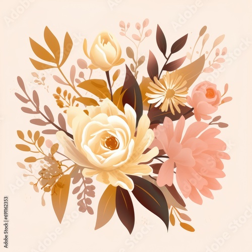 a bouquet of flowers, greens and leaves,