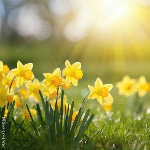 A bright and cheerful image of yellow daffodils with a blurred background of green grass