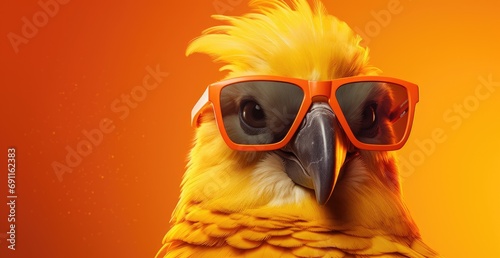 a bright yellow bird wearing sunglasses on a orange background