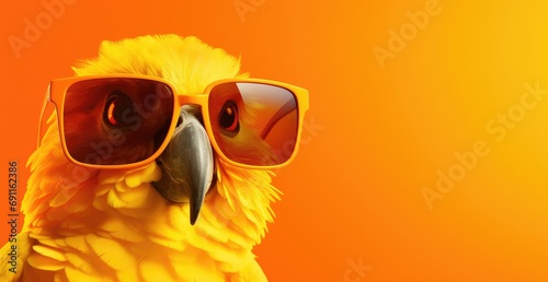 a bright yellow bird wearing sunglasses on a orange background © olegganko