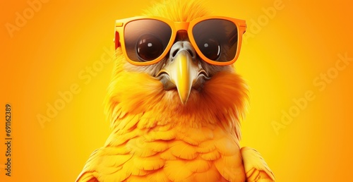 a bright yellow bird wearing sunglasses on a orange background