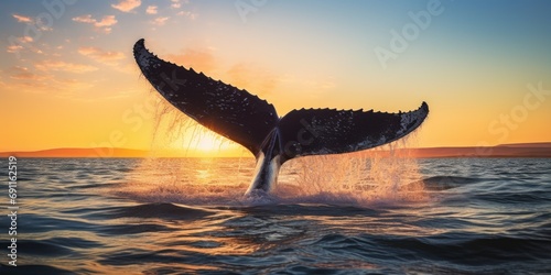 A stunning image capturing the majestic moment when a whale's tail emerges from the water at sunset. Perfect for nature enthusiasts and ocean lovers. © Fotograf