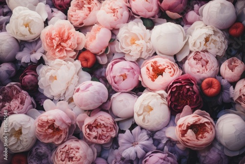 a bunch of colorful peonies in the background