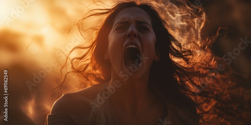 A woman with her mouth open and her hair blowing in the wind. Perfect for expressing surprise, excitement, or freedom photo