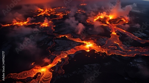 Captivating aerial perspective capturing the molten lava streaming from the Litli-Hrutur  Little Ram  Volcano during a vivid eruption at night in the Fagradalsfjall volcanic region