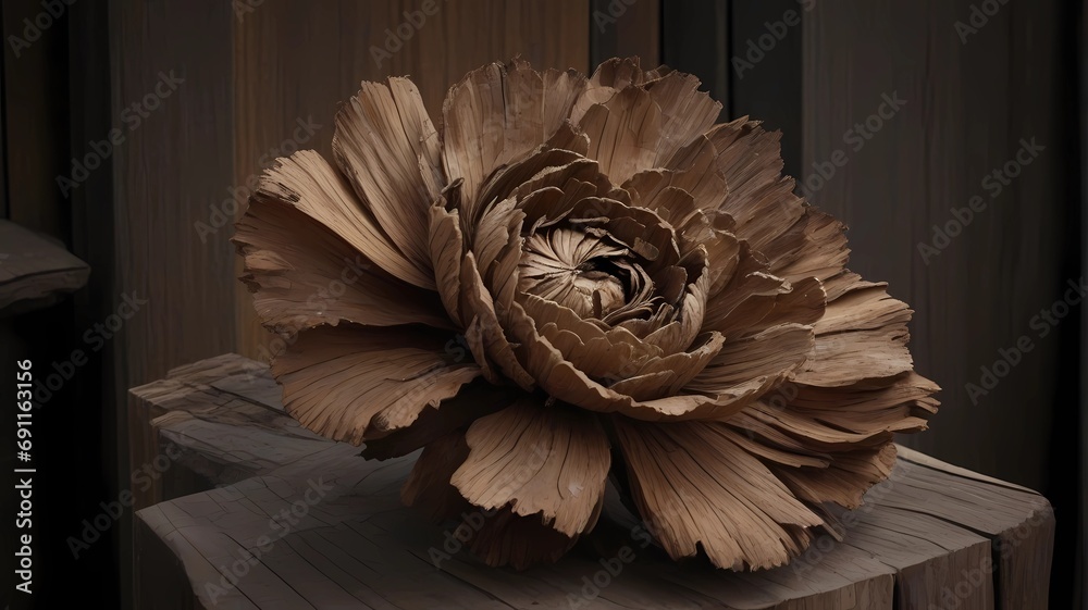 Flower made from old wood in brown background Flower made from old wood in brown background