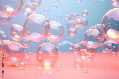 Soap bubbles floating in the air on pastel gradient background. Iridescent bubbles. Dreaming, fun and joy concept. Abstract pc desktop wallpaper. Cleaning and washing theme