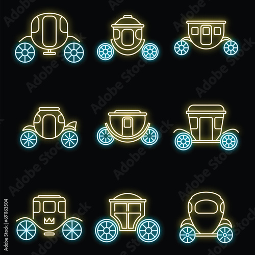 Brougham carriage icons set. Outline set of brougham carriage vector icons neon color on black