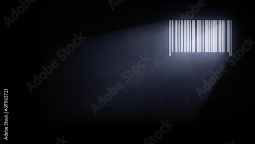 Barcode as a jail or prison window bars, rays of light come through the window into a dim cell. Abstract conceptual illustration with copy space.