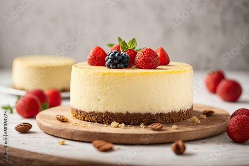 Cheese cake on wooden table in white background 