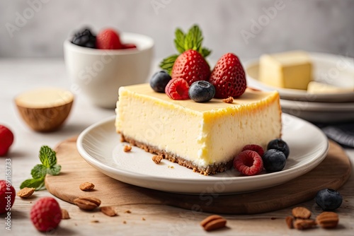 Cheese cake on wooden table in white background 