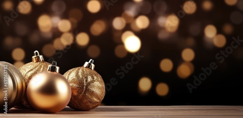 a christmas tree and gold balls on a wooden table