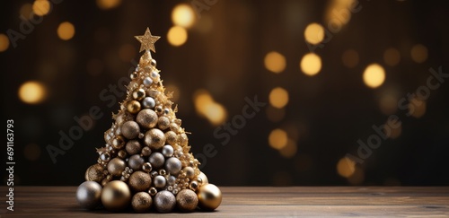 a christmas tree and gold balls on a wooden table
