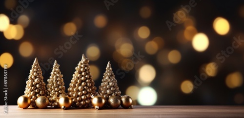 a christmas tree and gold balls on a wooden table