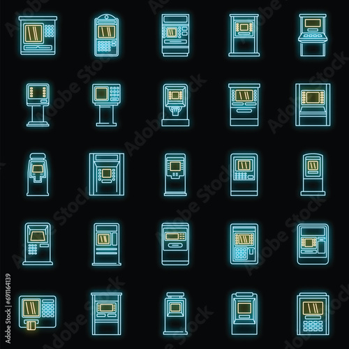 Cash atm machine icons set. Outline set of cash atm machine vector icons neon color on black