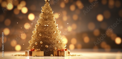 a christmas tree and gold balls on a wooden table