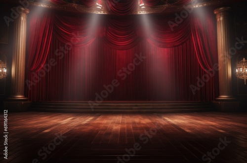 a cinematic stage with red curtains, lights, wood floors and spotlights