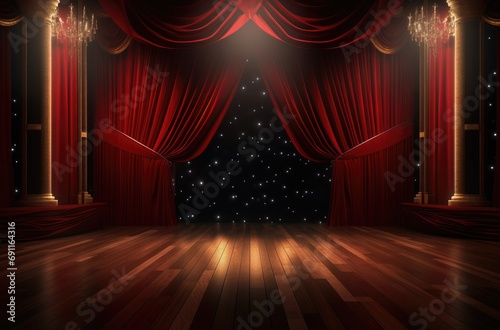 a cinematic stage with red curtains, lights, wood floors and spotlights