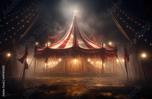 a circus tent at night with a red tent against white background