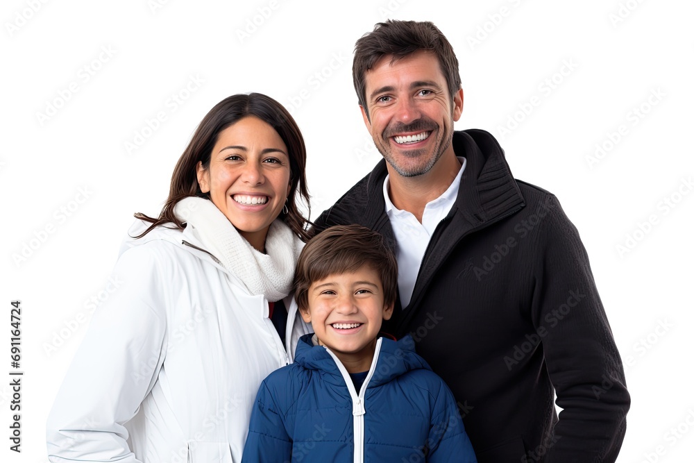 A happy family isolated on white background: father, mother, son together, sharing love, laughter, and joy. A happy family isolated on white background: father, mother, son together, sharing love, laughter, and joy.