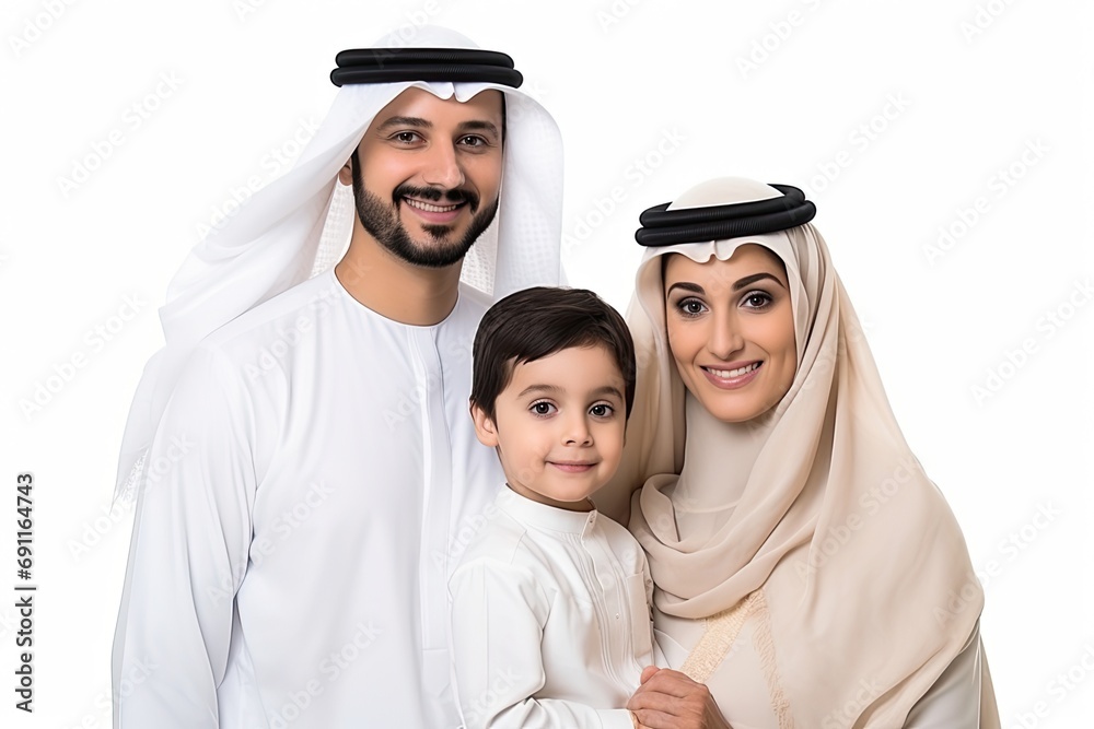 A happy Arab Muslim family portrait: father, mother, and children together, radiating love.