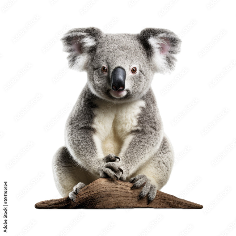 a Koala bear on a branch, front view, isolated and transparent PNG in a Nature-themed, photorealistic illustration. Generative ai a Koala bear on a branch, front view, isolated and transparent PNG in a Nature-themed, photorealistic illustration. Generative ai