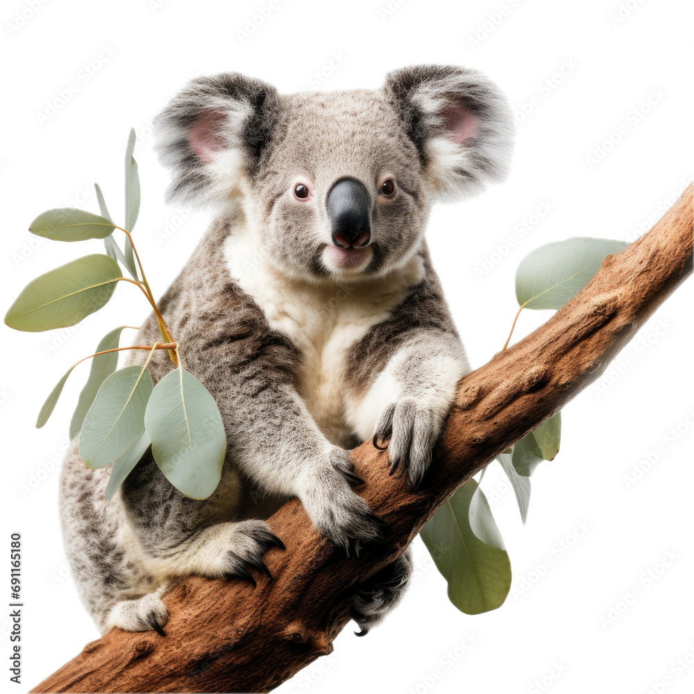 Fototapeta premium a Koala bear in a Eucalyptus tree, front view, isolated and transparent PNG in a Nature-themed, photorealistic illustration. Generative ai
