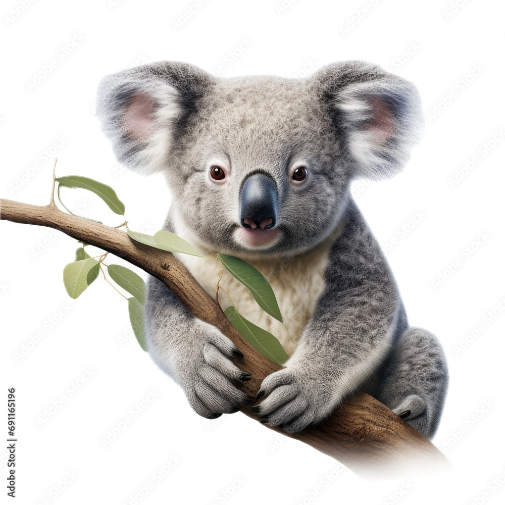 Naklejka premium a Koala bear in a Eucalyptus tree, front view, isolated and transparent PNG in a Nature-themed, photorealistic illustration. Generative ai