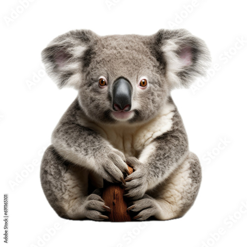  a Koala bear on a branch, front view, isolated and transparent PNG in a Nature-themed, photorealistic illustration. Generative ai
