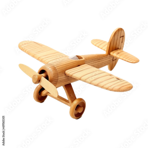 a wooden toy airplane, single propeller, 3/4 view, isolated and transparent PNG in a Woodworking/Gift-themed, photorealistic illustration. Generative ai