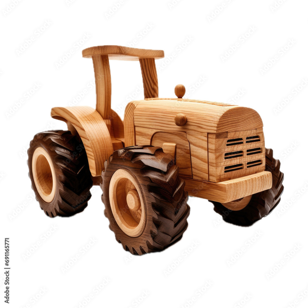 Obraz premium a toy wooden farm tractor, 3/4 view, isolated and transparent PNG in a Woodworking/Gift-themed, photorealistic illustration. Generative ai