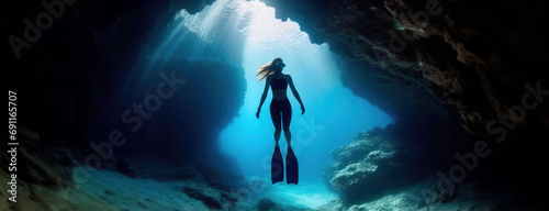A female free diver with fins is silhouetted against the sunlight filtering through an underwater cave. photo