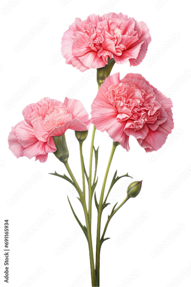 a pink/red carnation flower, side view, in a PNG, Mother's floral-themed, isolated, and transparent photorealistic illustration. Generative ai