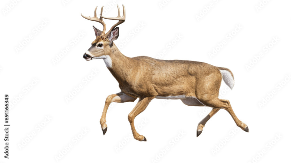 Fototapeta premium a Whitetail buck deer in motion, side view, isolated and transparent PNG in a Wildlife-themed, photorealistic illustration. Generative ai