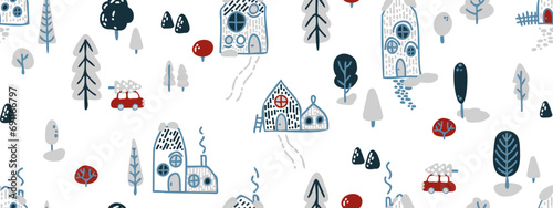 Cute Christmas vector seamless pattern for wrapping paper gift - houses and Christmas trees. New year design.