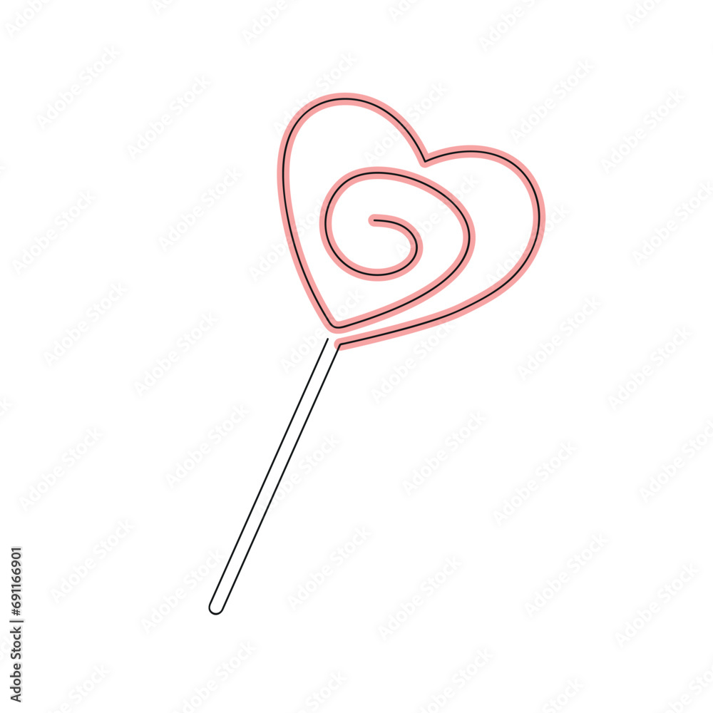 Heart-shaped lollipop drawn in one continuous line in color. One line drawing, minimalism. Vector illustration.