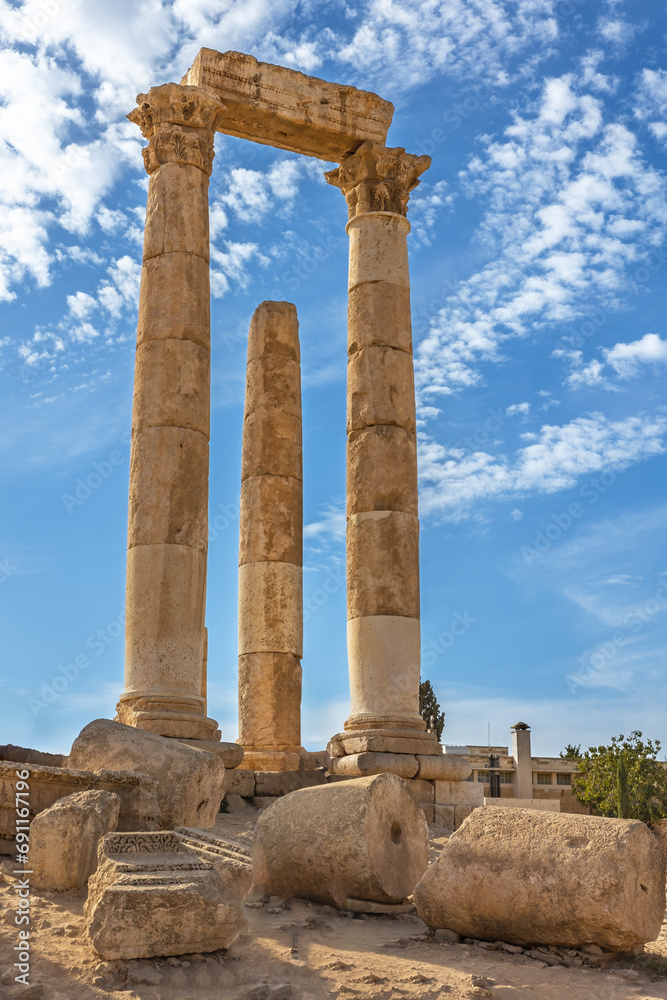 Columns of ruins of the uncompleted Roman Temple of Hercules at the Amman Citadel. Amman. Jordan. Vertically. 