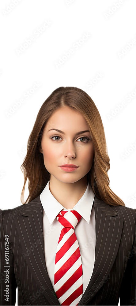 a brunette female businesswoman, with a candy cane striped dress tie, front view, isolated and transparent PNG in a holiday-themed, photorealistic illustration. a brunette female businesswoman, with a candy cane striped dress tie, front view, isolated and transparent PNG in a holiday-themed, photorealistic illustration.