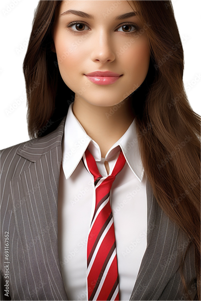 a brunette female businesswoman, with a candy cane striped dress tie, front view, isolated and transparent PNG in a holiday-themed, photorealistic illustration. a brunette female businesswoman, with a candy cane striped dress tie, front view, isolated and transparent PNG in a holiday-themed, photorealistic illustration.