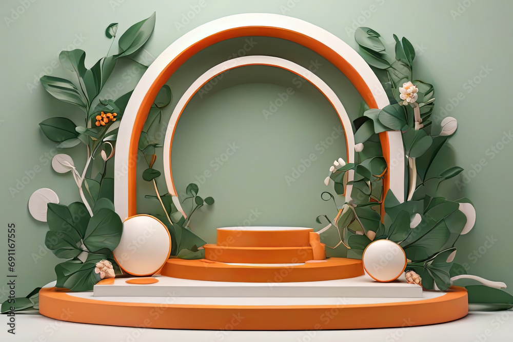 Set of red and white 3D orange background with products podium arch shape and green lea - obrazy, fototapety, plakaty 