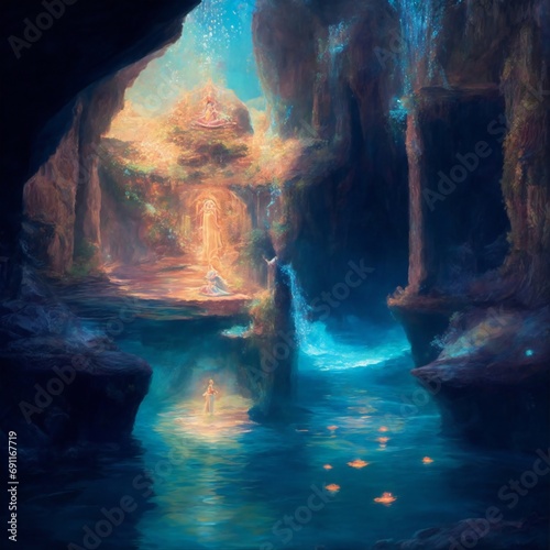 Amidst an underground oasis, a figure cloaked in a tapestry of Persian-inspired motifs stands beside a mystical pool of glowing water. They dip their hand into the pool, summoning shimmering water spi