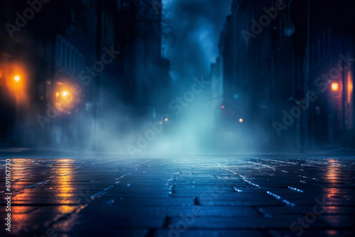 Dark street, wet asphalt, reflections of rays in the water. Abstract dark blue background, smoke, smog. Empty dark scene, neon light, spotlights.