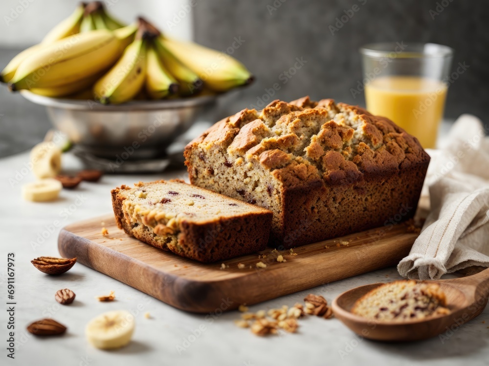 Fresh banana bread on white background