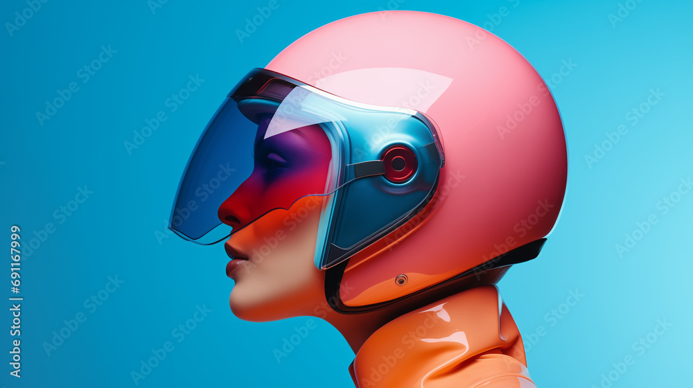 A woman in a pink suit wearing a helmet on a blue background.