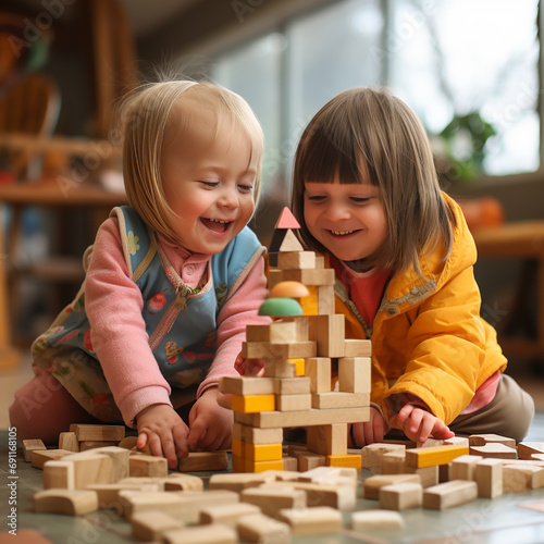 Children with developmental disabilities, Down syndrome, play with blocks, rejoice and laugh, the concept of socialization of any children 