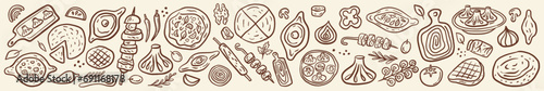 Horizontal vector collection of traditional Georgian cuisine dishes: shashlik, khinkali, khachapuri, wine, flatbreads. The illustration is hand drawn in doodle style.